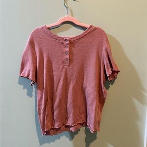 American Eagle Outfitters Ribbed Henley Short Sleeve Top - Mauve
